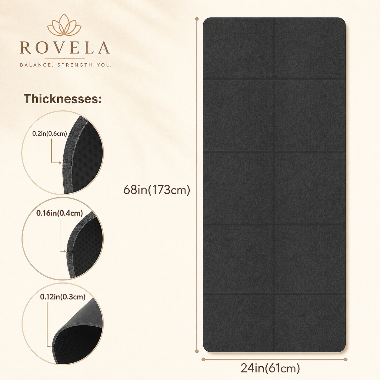 Rovela Yoga Mat size and thickness guide showing black folding mat dimensions