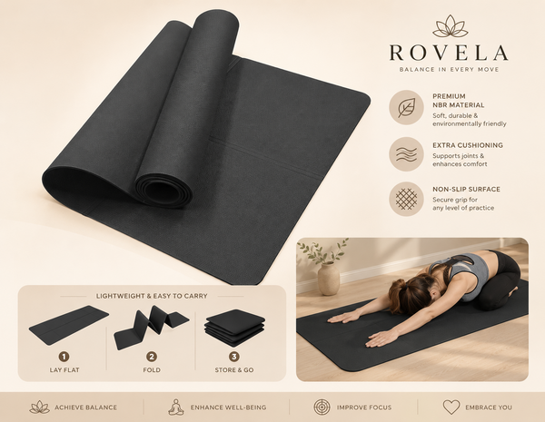 Rovela Yoga Mat product features and foldable storage infographic