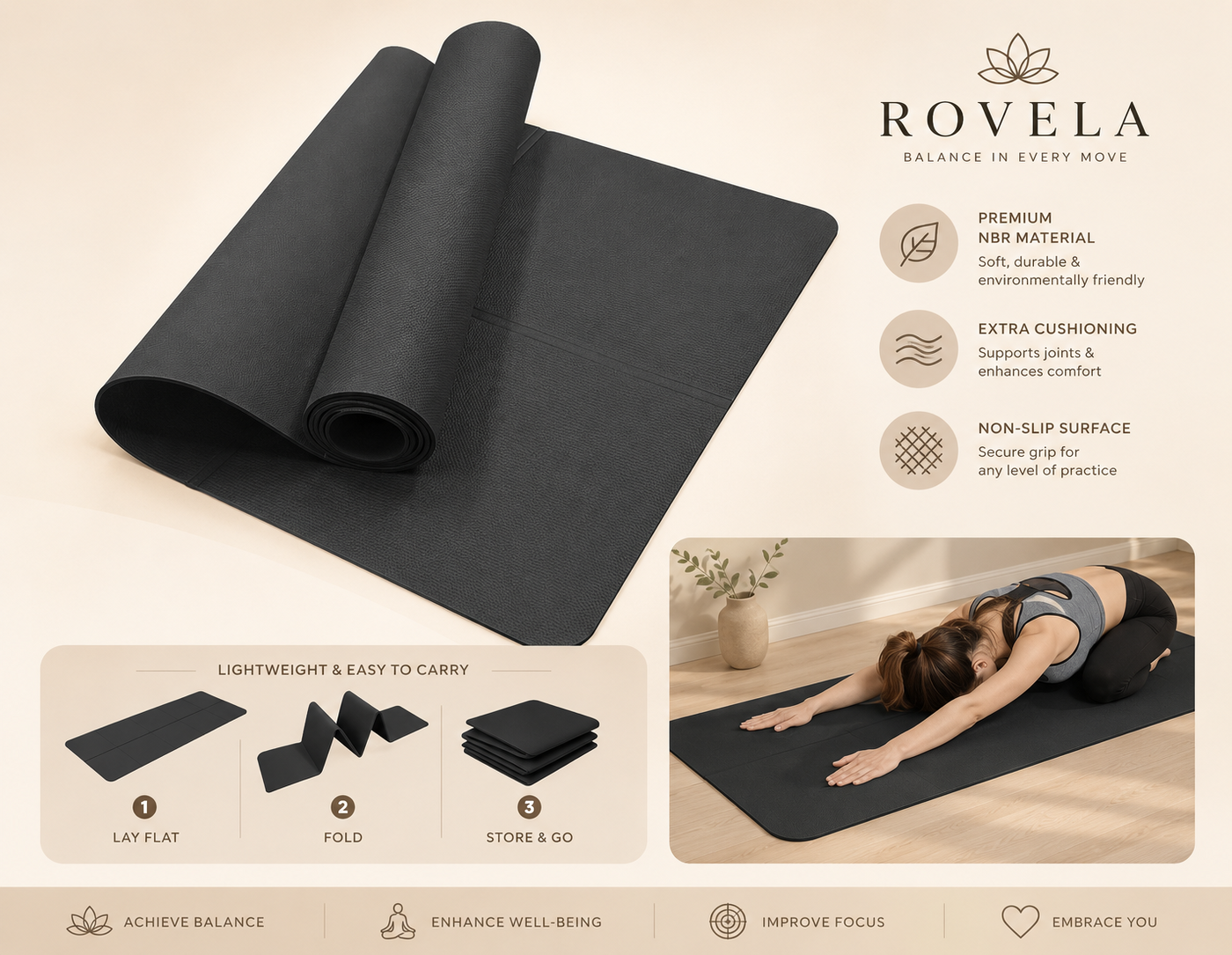 Rovela Yoga Mat product features and foldable storage infographic